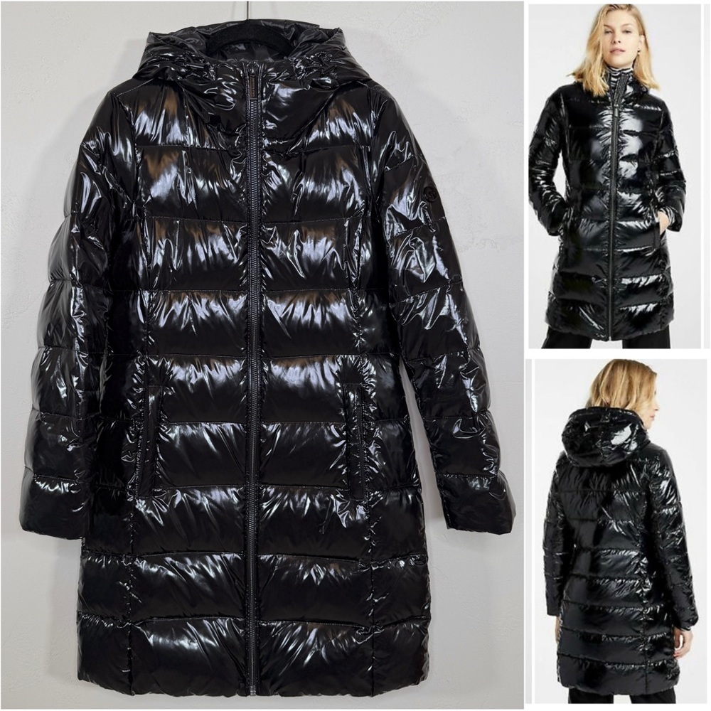 MICHAEL Michael Kors Black Glossy Ciré Down Feather Filled Hooded Puffer Jacket